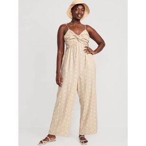 Old Navy Tan Polka Dot Linen Blend Twist Jumpsuit